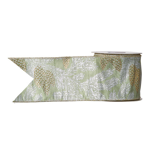 Sage White and Gold Pine Cones and Leaf Pattern Ribbon