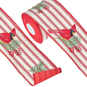 Red and White Ticking Ribbon With Embroidered Cardinals