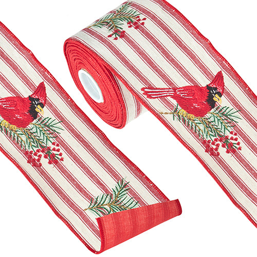 Red and White Ticking Ribbon With Embroidered Cardinals