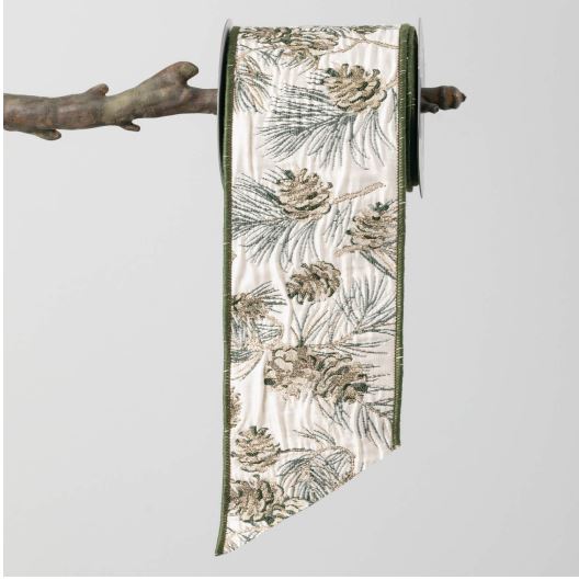 Ivory Green and Brown Textured Pine Cone Ribbon