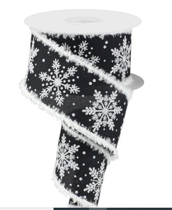 Black White and Silver Glittered Snowflakes Snowdrift Edge Ribbon