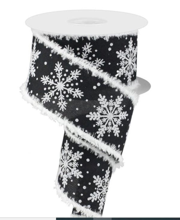 Black White and Silver Glittered Snowflakes Snowdrift Edge Ribbon