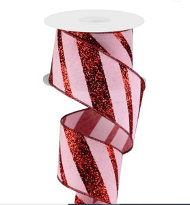 Light Pink and Red  Diagonal Glitter Ribbon