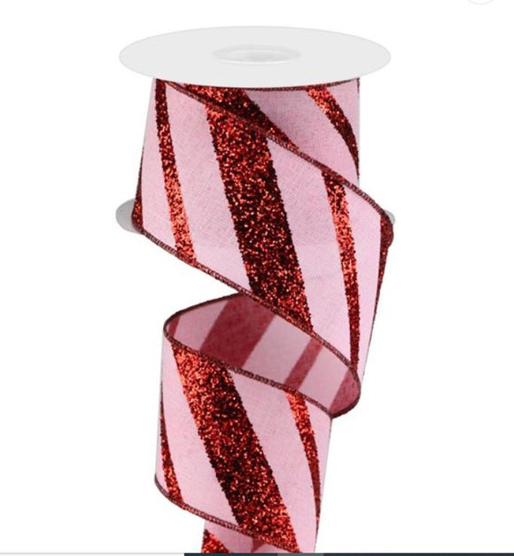 Light Pink and Red  Diagonal Glitter Ribbon