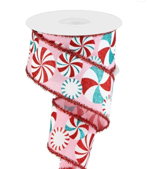 Light Pink White Turqoise and Red Peppermint Candy Tinsel Edge Ribbon