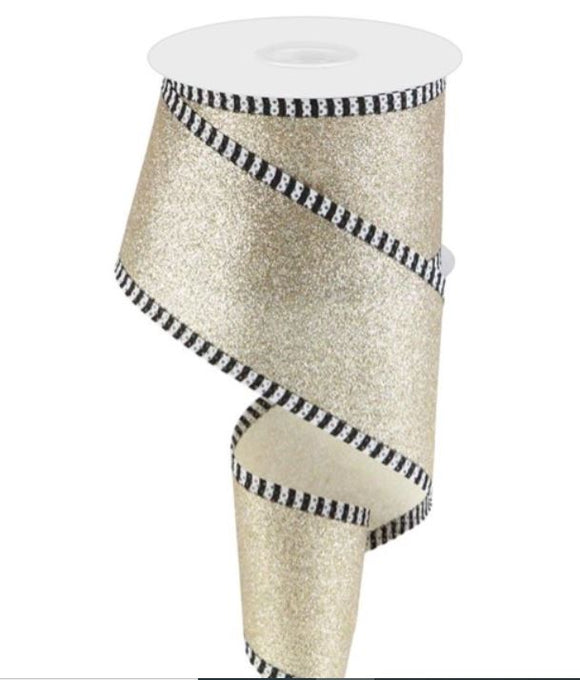 Champagne Black and White Shimmer Glitter Stripe Ribbon