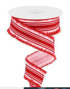 Light Pink and Red Velvet Vertical Lines With Tinsel Edge Ribbon