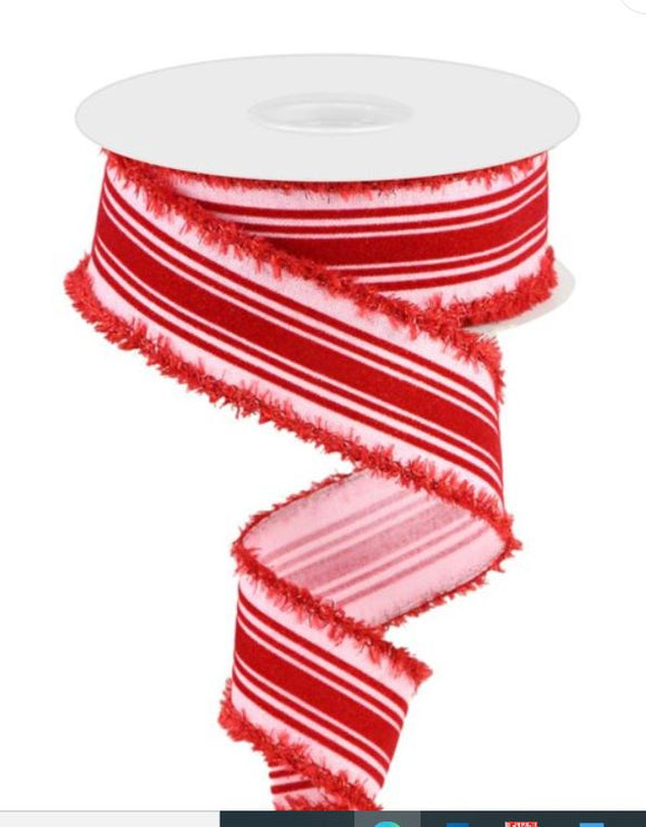 Light Pink and Red Velvet Vertical Lines With Tinsel Edge Ribbon