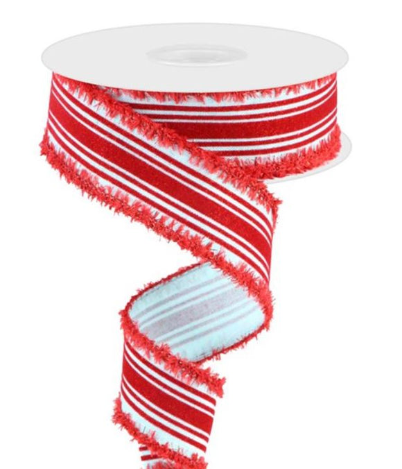 Ice Blue and Red Velvet Vertical Lines With Tinsel Edge Ribbon