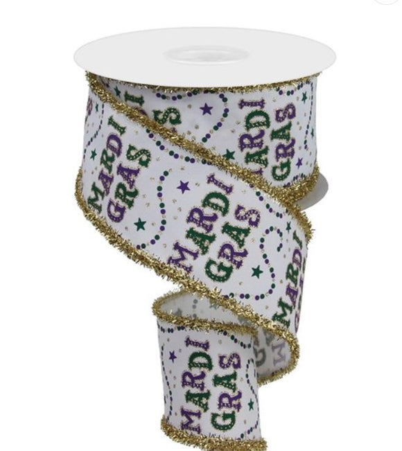 Love That Ribbon White Gold Purple and Emerald Mardi Gras Beads Ribbon With Tinsel Edge RGA870727