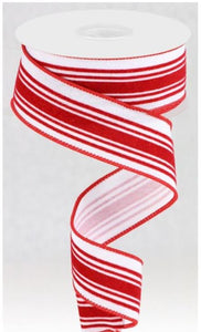 Red and White Glitter Velvet Vertical Lines Ribbon