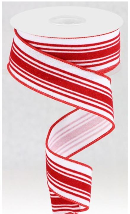 Red and White Glitter Velvet Vertical Lines Ribbon