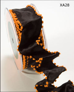 Black and Orange Solid Woven Ribbon With Pom Pom Edge