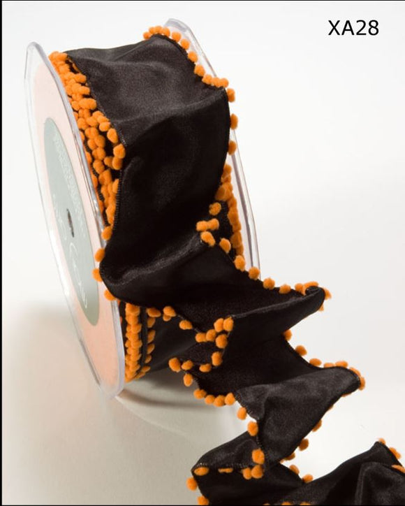Black and Orange Solid Woven Ribbon With Pom Pom Edge