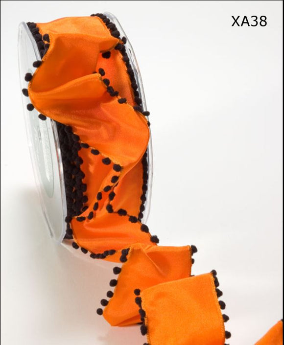 Orange and Black Solid Woven Ribbon With Pom Pom Edge